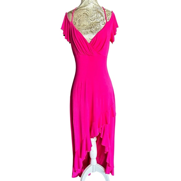VENUS Sexy Stretch Hot Pink High-Low Summer Vacation Ruffle Dress Size Medium - Picture 4 of 7
